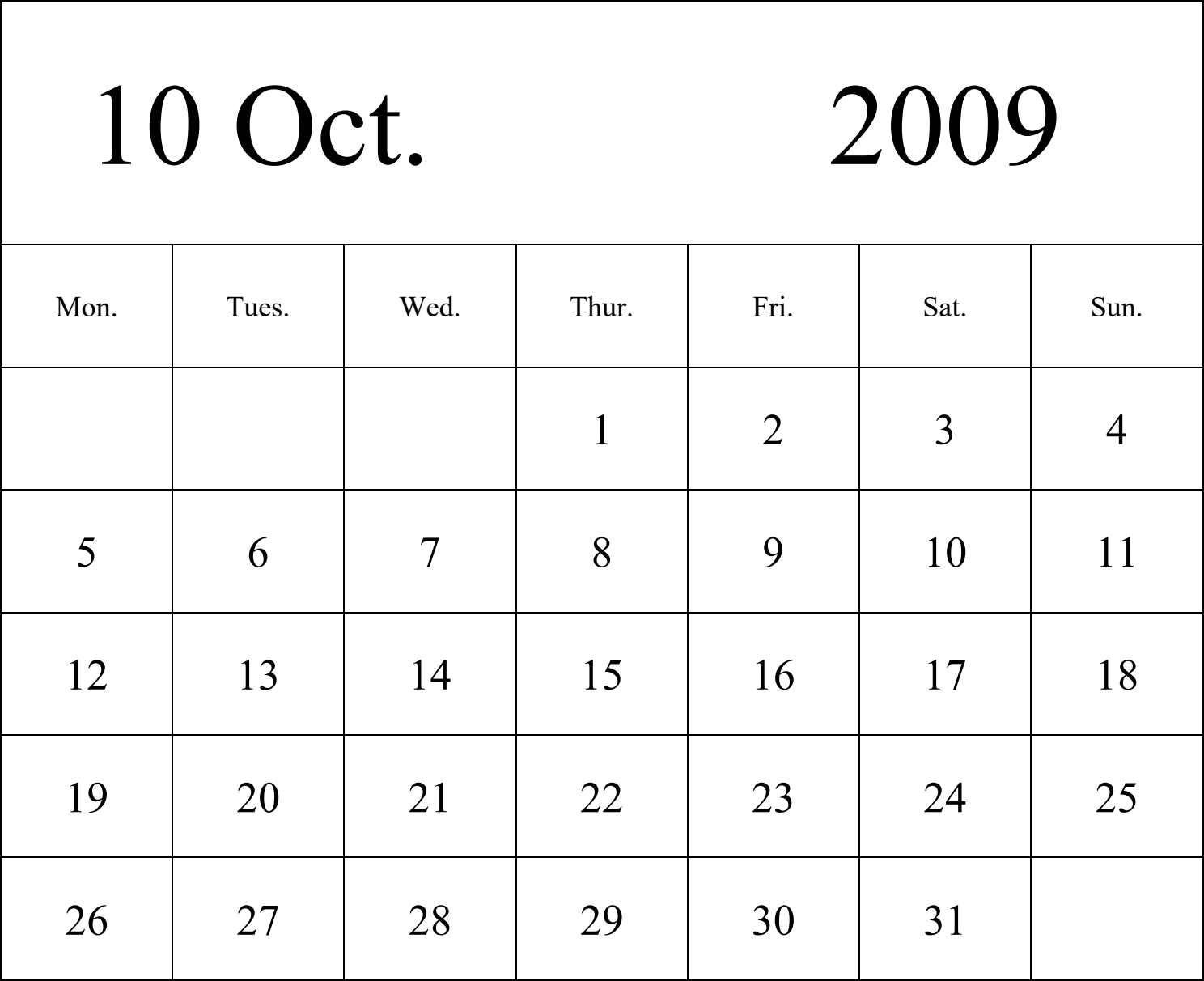 日历表2009年日历 英文版 纵向排版 周一开始 带节假日调休安排